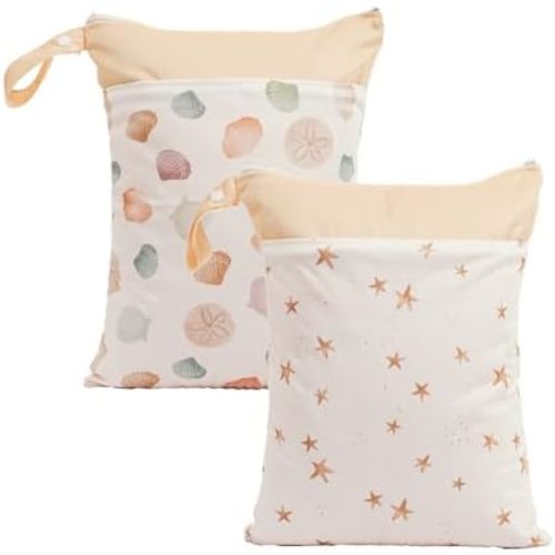 2pcs Wet Bags Waterproof Reusable Wet Dry Bag with Two Zippered Pockets Travel Beach Pool Daycare Yoga Gym Bag for Baby Cloth Diaper,Swimsuits,Wet Clothes (Shells & Starfish)