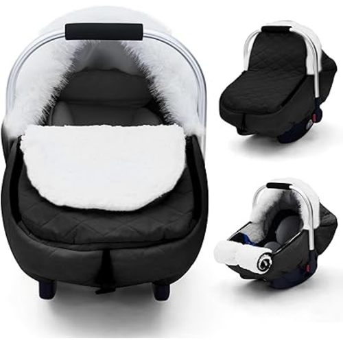 Winter Car Seat Cover Baby, Carseat Cover for Boys Girls, Plush Infant Car Seat Cover with Huge Space Inside, Warm & Snug Baby Carrier Cover, Universal Cold Weather Shield for Baby Essentials (Black)