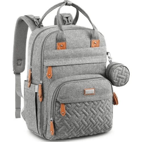 BabbleRoo Waterproof Diaper Bag Backpack - Baby Essentials Travel Tote - Multi function with Changing Pad, Stroller Straps & Pacifier Case - Unisex, Light Gray