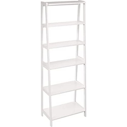 Amazon Basics 5 Shelf Sturdy Rubberwood Ladder Bookshelf for Book Storage, White, 15.03" D x 25.98" W x 74.48" H