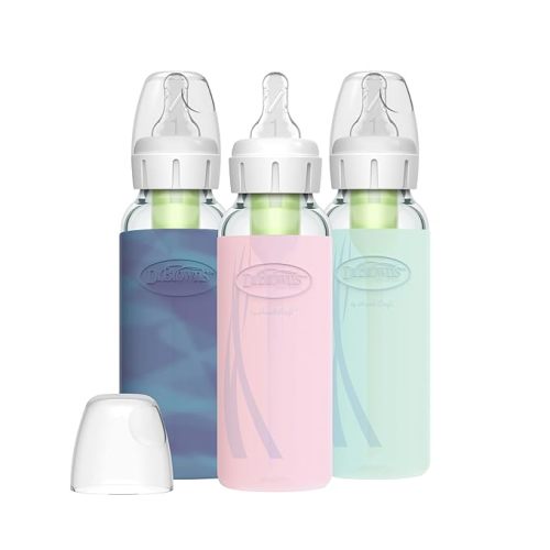 Dr. Brown's Natural Flow Anti-Colic Options+ Narrow Glass Baby Bottle, 8 oz/250 mL, with Silicone Bottle Sleeve, 3 Pack, Glow/Pink/Mint - 8 oz, 3 Pack with Sleeves, Glow/Pink/Mint - 3 Count (Pack of 1)