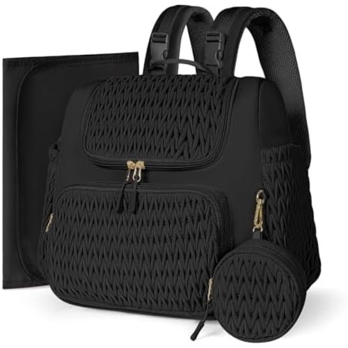 Geestock Diaper Bag Small Diaper Backpack, Stylish Quilted Baby Backpacks, Mini Maternity Bags, with Changing Pad, Pacifier Case & Stroller Straps, Parents Essentials Diaper Bag, Black
