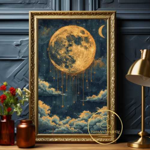 Moon Poster Vintage Style Night Sky Art Print Star Cloud Wall Art Cottagecore Home Decor Bedroom Nursery Living Room Gift For New Parent Art