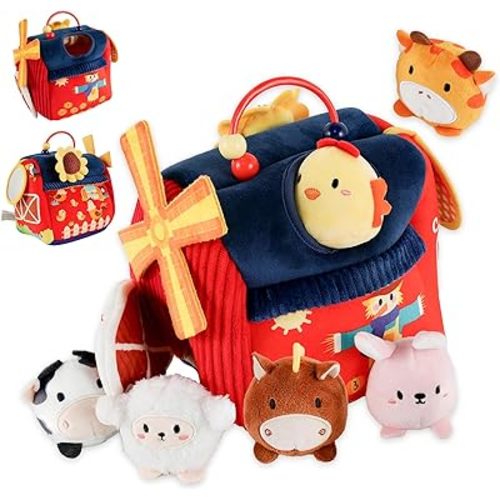 Soft Rattle Montessori Baby Toys 6-12 Months, Soft Barn Farm Playhouse with 6 Stuffed Animals, Sensory Development Activity, Toddler Learning Toys