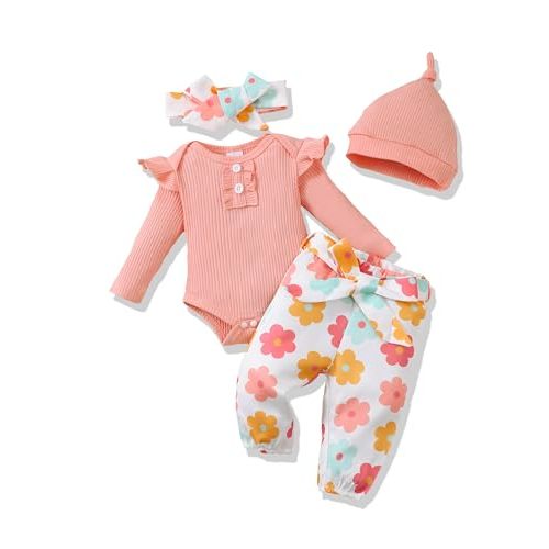 Renotemy Newborn Baby Girl Clothes Outfits Infant Romper Ruffle Floral Pants Cute Toddler Baby Girl Clothes Set