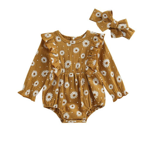 Ruffle Long Sleeve Linen Romper - Tiny Tiny Tots