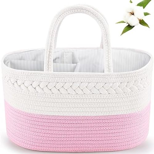 ABenkle Diaper Caddy Organizer, Boho Rustic Cotton Rope Nursery Baby Basket, Changing Table Organizer for Baby Diaper Storage and Baby Shower