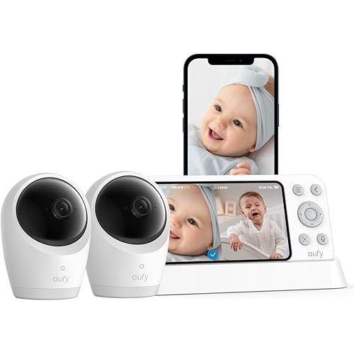 eufy Baby Monitor E21 with 2 4K UHD Cameras, 5'' 720p Display, Hybrid Wi-Fi and No Wi-Fi Connection, App and Monitor Control, Pan-Tilt, 8× Zoom, Portable Camera with Built-in Battery, ANR