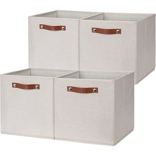 DULLEMELO 12inch Cube Storage Baskets for Shelves Closet Storage,Sturdy Home Organization Bins for Gifts Empty,Foldable Fabric Storage Cubes Baskets for Nursery Toys Clothes Storage(Beige-4 Pack)
