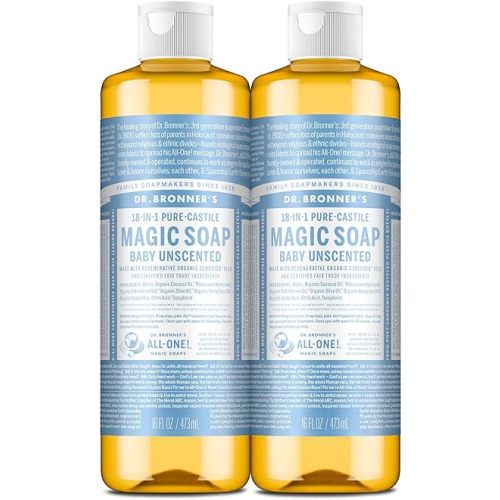 Dr. Bronner's Pure-Castile Magic Liquid Soap (Baby Unscented, 16 Ounce, 2-Pack)- Made with Regenerative Organic Certified Oils, For Face, Hair, Hand & Body Soap, Laundry, Pets- Concentrated, Vegan
