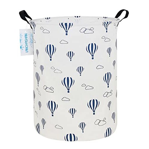 LANGYASHAN Laundry Basket Canvas Fabric Collapsible Organizer Basket for Storage Bin Toy Bins Gift Baskets Bedroom Clothes Children Nursery Hamper (Round Blue Balloon)