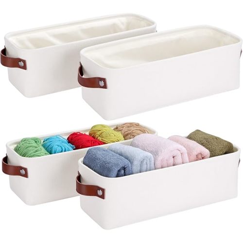 Small Fabric Storage Bins, 15x6x5 inch Narrow Storage Baskets 4-Pack Long Storage Basket for Organizing with Handles, Decorative Basket for Closets, Shelves, Toilet Paper, Off White