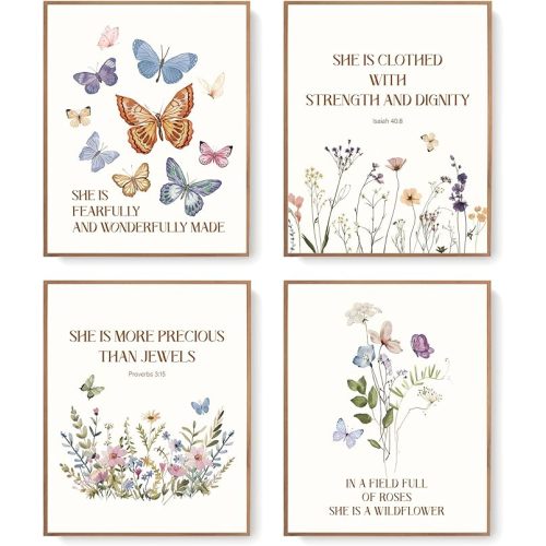 LARTSFRO Christian Wildflowers Nursery Wall Art Prints Set of 4, Bible Verse Scripture Butterfly Floral Artwork Posters Wall Decor for Baby Girls Nursery Room Bedroom Home, 8x10 Unframed