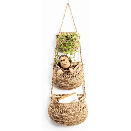 Amazon.com - Hanging Fruit Basket, 3 Tier Woven Jute Wall Hanging Basket for Organizing, Hanging Produce Basket for Fruit & Vegetable Storage, Boho Kitchen Decor, Wall Basket Storage for Kitchen, Bedroom, Bathroom