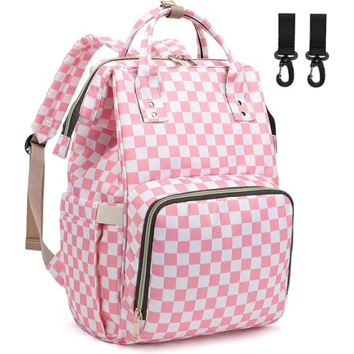 Checkered Pink Baby Diaper Bag Backpack for Women, Large Capacity Waterproof Maternity Travel Nappy Backpacks with Stroller Straps