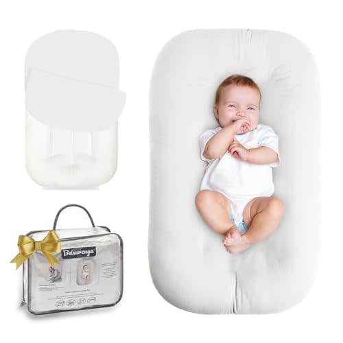 Beisurznga Baby Lounger for Newborn - Snuggle Cozy Me Lounger | Breathable Soft Cotton, 0-24 Months Portable Playtime Baby Nest, Newborn Baby Essentials Gifts - Natural (1 Lounger + 1 Cover)