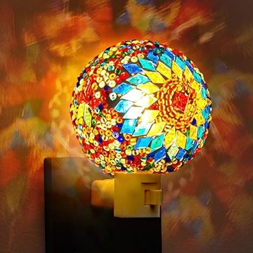 Hortsun Turkish Night Lights Plug into Wall Turkish Lamp Moroccan Lamp Stained Glass Mosaic Night Lights Plug in Bohemian Globe Decor for Living Room Corridor Bedroom Decorations