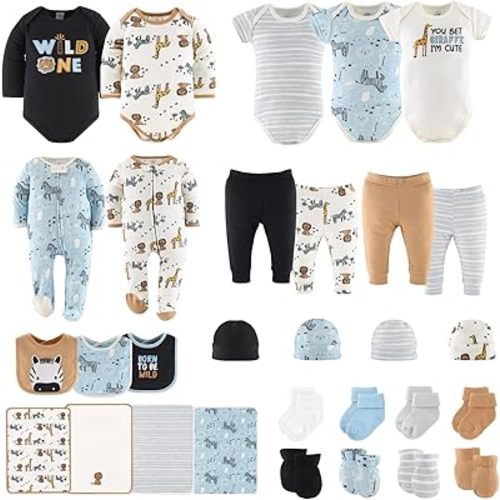 The Peanutshell Baby Layette Gift Set for Baby Boys or Girls - 30 Piece Unisex Baby Clothes Newborn to 9 Months - Safari