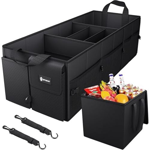 Sposuit Trunk Organizer with Insulated Leakproof Cooler Bag, 98L Collapsible Car Storage Large Trunk Organizer for Car SUV Van with Removable Dividers & Adjustable Securing Straps