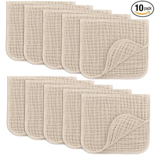 Comfy Cubs Muslin Burp Cloths 20" x 10", Pack of 10 - Large, 6-Layer, Ultra Absorbent 100% Cotton for Baby Drool and Messes - Soft, Safe & Gentle Baby Burp Cloths for Boys & Girls - Sand