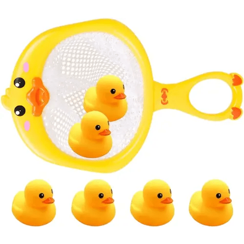 Bath Toy Baby Bathtub Duck Toy Set, 1 Pcs Ducky Animals Fishing Net with 6 Pcs Water Floating Sea Animals Duck Toys, Bathroom Floating Pool Fishing Play Set for Toddler Kids (Duck)