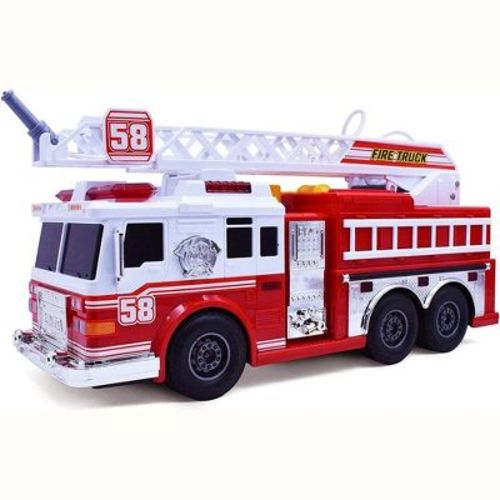 VEBO Fire Truck Motorized with Lights, Siren Sound, Working Water Pump and Rotating Rescue Ladder- Electric, Motorized, Big Fun Size 15"