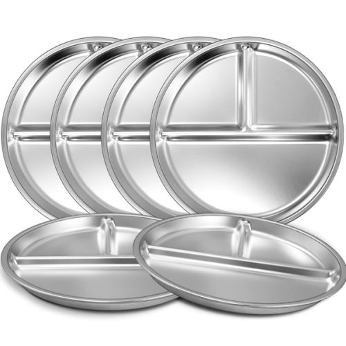 EWFEN Stainless Steel Toddler Plate Set of 6, 9" Portion Control Plates Divided Plate for Adults Kids Balance Lunch, Non Slip | Unbreakable Toddler Baby Feeding Set Dishwasher Safe