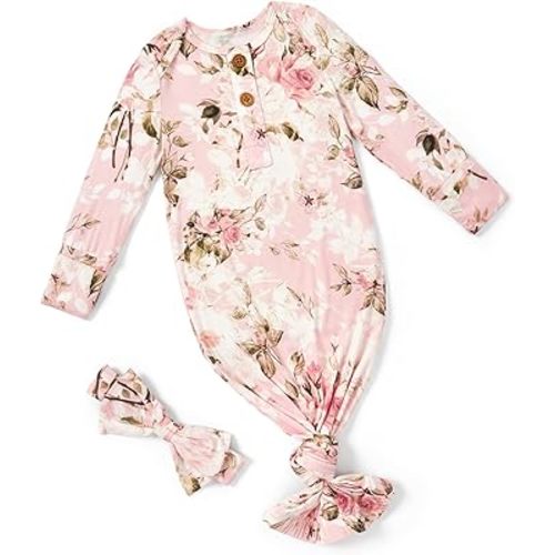 PATPAT Baby Sleeper Gown with Bamboo Viscose for Newborn Girls Boys, Knotted Nightgown with Mittens for Infant Home Coming