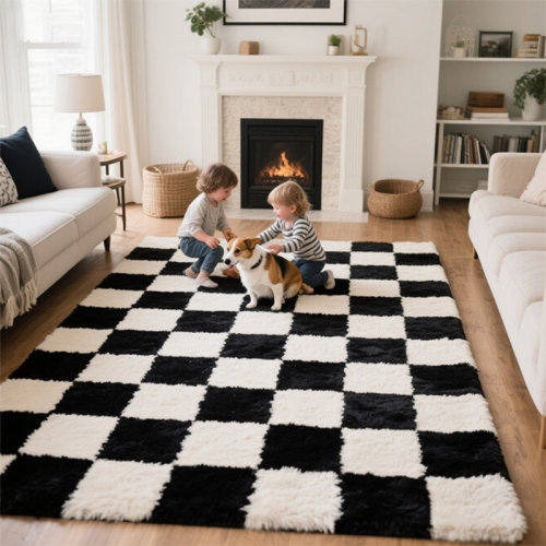Latitude Run® Modern Black and White Checkered Shag Rug, Soft Plush Carpet for Living Room, Bedroom and Dorm & Reviews | Wayfair