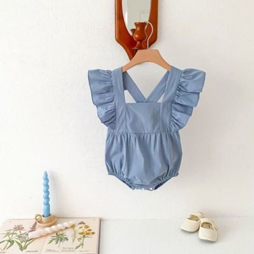 MyKids-USA Summer Baby Girls Solid Color Square Neck Onesie Blue 80 (9-12M)