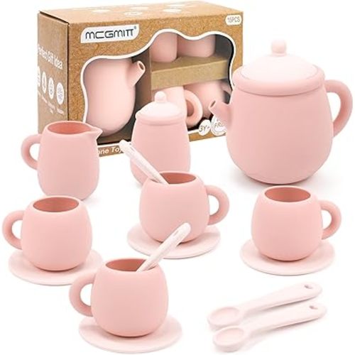 MCGMITT Silicone Tea Party Set, Toy Tea Set for Toddlers Kids, Includes Teapot, 4 Tea Cup and Coasters, Creamer, Sugar Bowl, 4 Spoon, Dishwasher Safe Pretend Teapot Set for Girls Boys Birthday Gifts