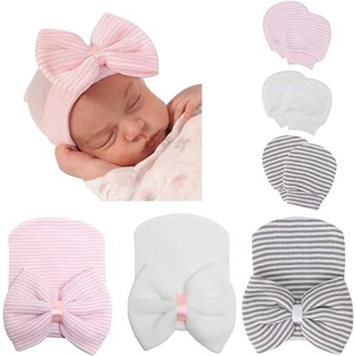 DRESHOW BQUBO Newborn Hospital Hat and Mittens Infant Baby Beanie Soft Cotton Cute Knot Nursery Cap for 0-3 Months Girls Boys