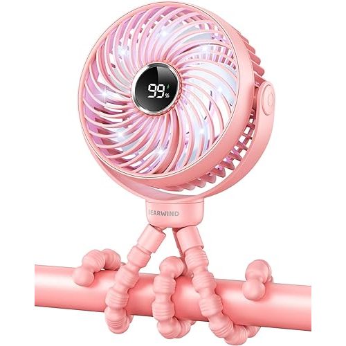 Portable Stroller Fan for Travel, LED Night Light Clip on Fans Operated by Rechargeable Battery, Cordless Fan with Tripod Car Seat Baby Pram (Pink)
