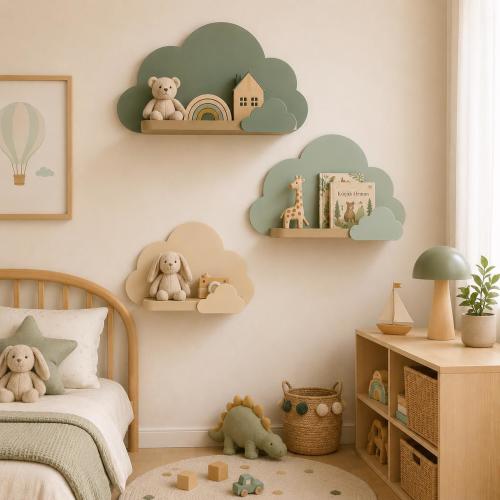 Handcrafted Cloud Shelves Set, Sage Green Scandinavian Nursery Wall Decor, Wooden Kids Room Shelving