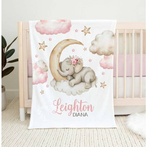 ELEPHANT BABY GIRL Blanket, Pink Lullaby Elephant Blanket, Personalized Baby Girl Elephant Blanket, Elephant Moon Stars Clouds Baby Gift