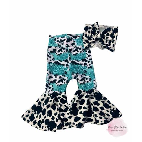 Turquoise Western Bell Bottoms/Cow Hide Bell Bottoms/Baby Girl Western Bell Bottom/Cow Spots Bell Bottom Pants/Rodeo Western Pants