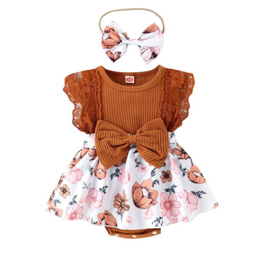 Infant Baby Girl Lace Ruffle Sleeveless Ribbed Romper Floral Dress Jumpsuit with Headband