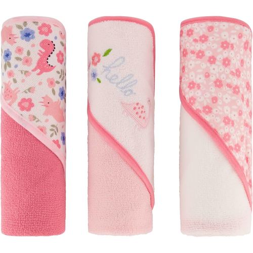 Cudlie Buttons & Stitches Baby Girl 3 Pack Rolled/Carded Hooded Towels in Butterfly Polka Prin - Hello Floral Dino