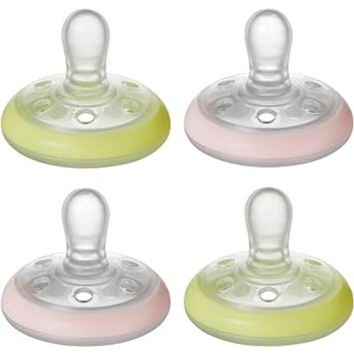 Tommee Tippee Breast-like night pacifier, 6-18 months with breast-like shape and glow in the dark technology, 4-Count, Pink/Yellow