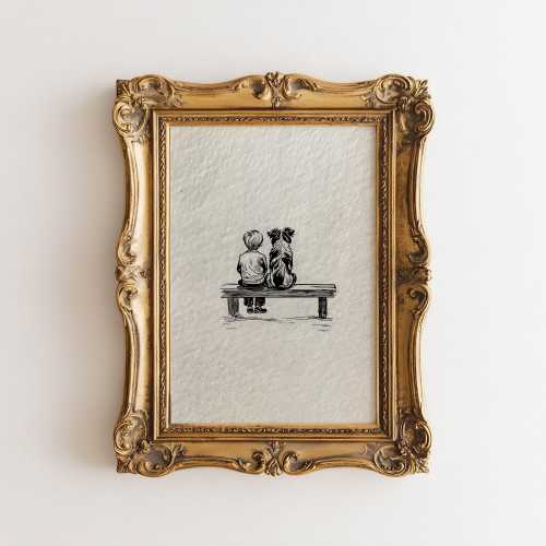 Watercolor Boy and Australian Shepherd Print, Neural Nursery Decor, Vintage Aesthetic Dog Sketch Art Gingham Coquette Print Digital Download