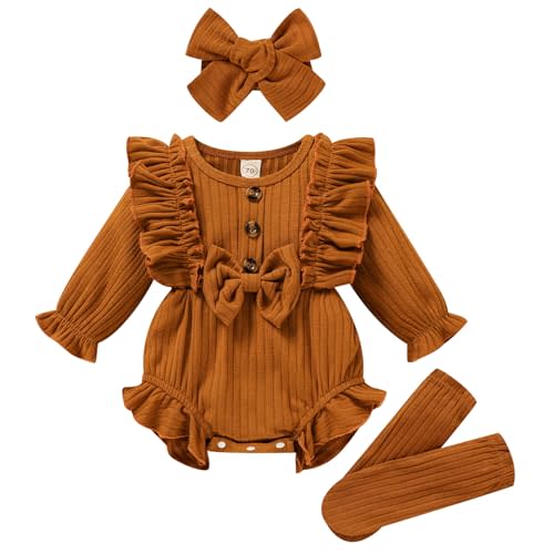 GRNSHTS Newborn Baby Girl Clothes Ruffle Solid Sweater Long Sleeve Romper+Hairband+Socks 3Pcs Fall Winter Outfits