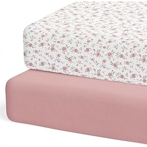 Crib Sheets Neutral - Fitted Baby Crib Sheets Bed for Girl Boy - 2 Pack Standard & Toddler Mattress (Juliette) - Buttery Soft Organic Cotton Blend
