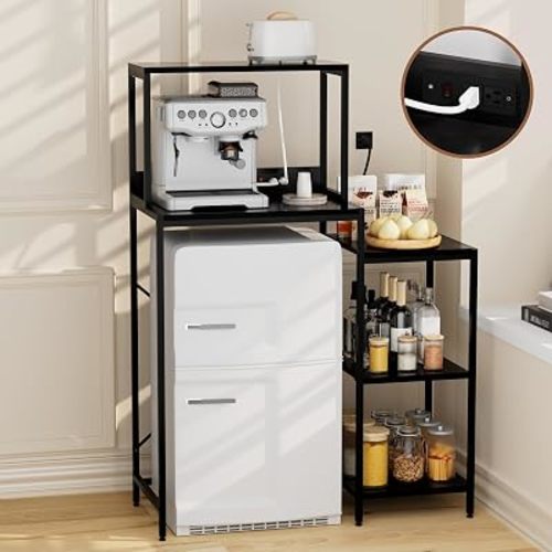Mini Fridge and Microwave Stand Cabinet Shelf Organizer for Dorm, 5 Tiers Adjustable Over Mini Fridge Storage Bakers Rack with Power Outlet for Kitchens, Coffee Bar for Office,Black