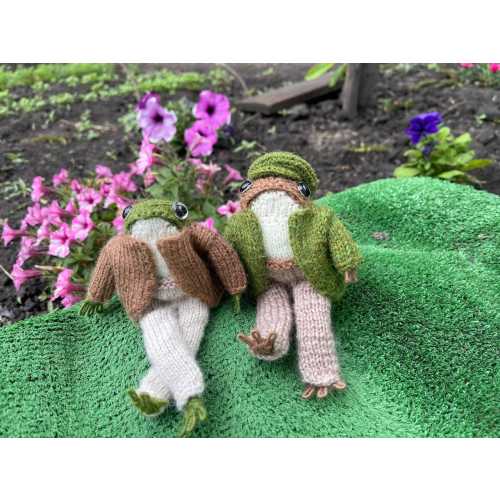 Knitted frog and toad, green frog gifts, frog plushie posing brown crochet toad green book lovers toddler gift, teen daughter birthday idea