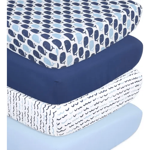 The Peanutshell Nautical Fitted Crib Sheet Set for Baby Boys or Girls - 4 Pack Nursery Set - Solid Blue, Whale Theme, & Waves