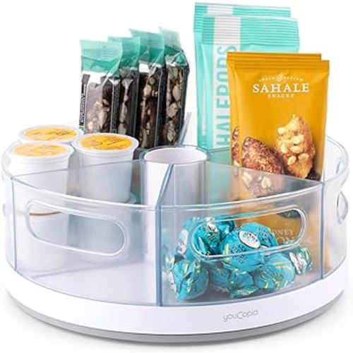 YouCopia Crazy Susan Lazy Susan Organizer, 6 BPA-Free Removable Clear Bins with Handles, Rotating Storage Turntable for Kitchen Cabinet, Pantry and Bathroom Organization,White