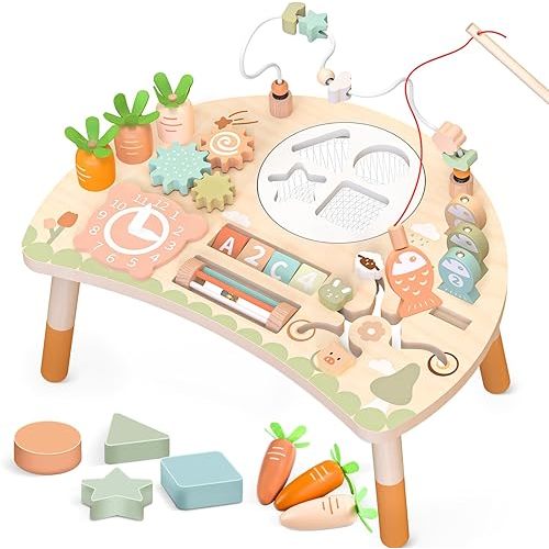 Activity Table for 1+ Year Old, 9-in-1 Montessori Wooden Sensory Play Table with Shape Sorter Fishing Game Bead Maze, Baby Activity Center Learning Toys for Toddler 12-18 Months