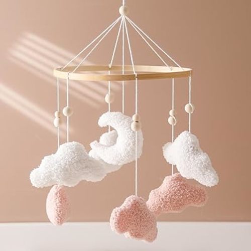 EERKEOD Baby Crib Mobile Bunny Nursery Mobile for Boys Girls Teddy Velvet Mobile Nursery Decor for Infant Bedroom Hanging Baby Mobile for Bassinet Newborn Baby Gift(Pink Clouds)