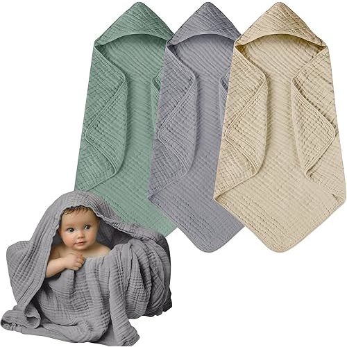 Muslin Hooded Baby Towels, 3 Pack Cotton Baby Bath Towels with Hood for Newborn, Babies, Infant, Toddler, Soft and Absorbent Baby Shower Towel Newborn Essential (35 X 35 Inch) (Green + Grey + Apricot)