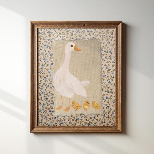 3 CHICK Vintage Mother Duck Print, Digital Downloadable Wall Art, Nursery Art, Abstract Vintage Painting, Cottagecore Decor, Printable Art